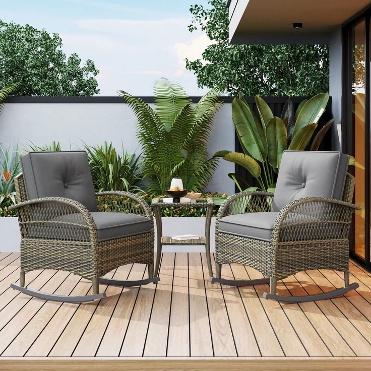 Balkonset mit 1 quadratischem Glastisch und 2 Schaukelstühlen, 3-tlg, Loungeset, Gartenmöbel, Metallrahmen, Polyrattan – Bild 3