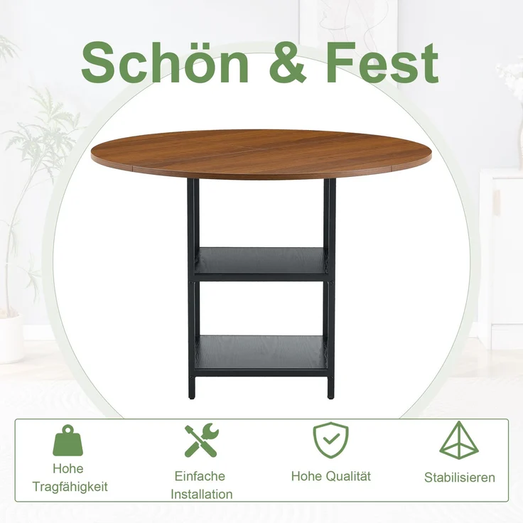 Esstisch-Set H 75 x T 107 x B 107 cm rund in Nussbaum-Optik mit 2 Stühlen, Stauraum-Ebene, MDF und Metallgestell – Bild 8