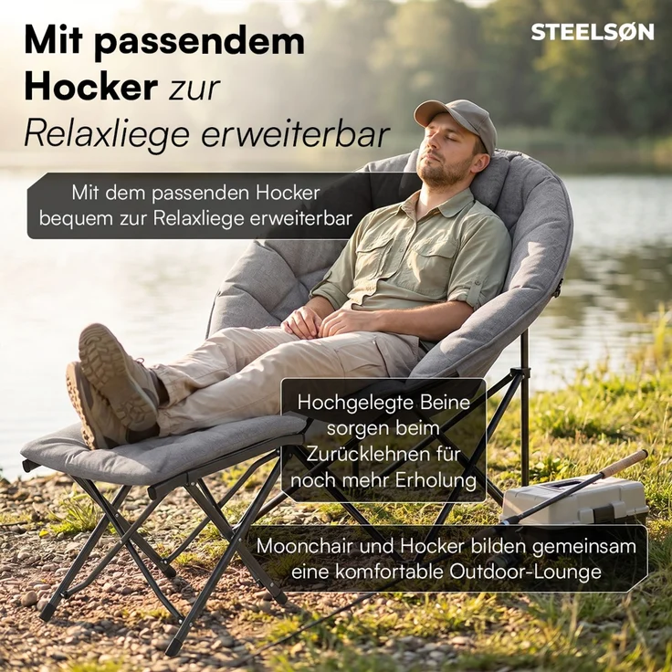 STEELSØN 'Hoggar' Moonchair faltbar, gepolsterter Campingstuhl grau, bis 150 kg, mit Kopfkissen und Tragetasche – Bild 10