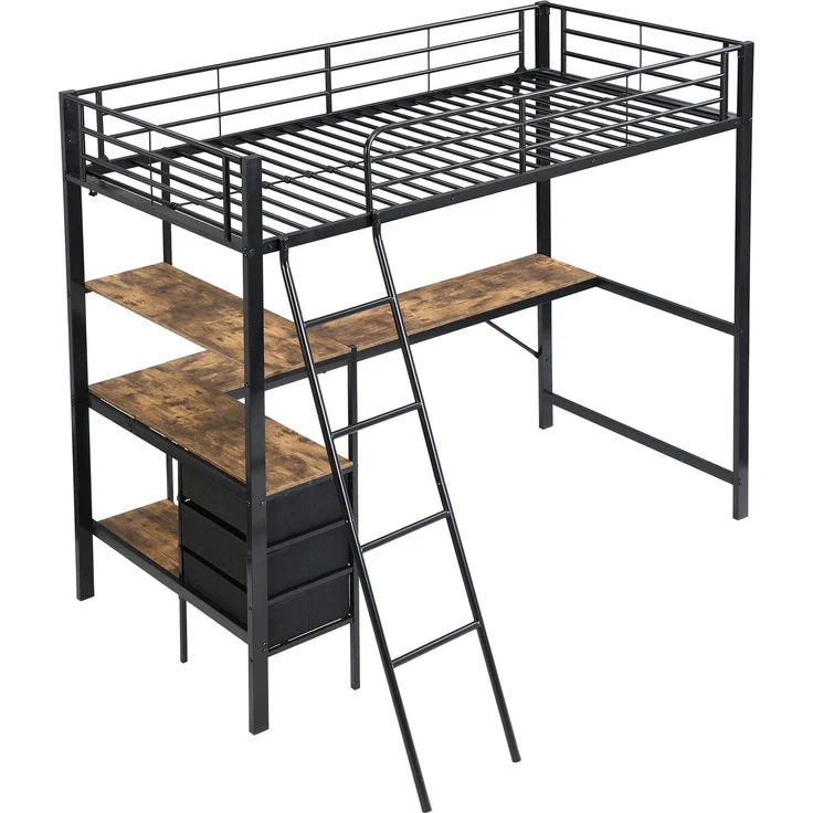 Hochbett mit Rausfallschutz, Lattenrost, Regal und Schreibtisch, 90x200 cm, Metallbett, Kinderbett, Jugendbett – Bild 10