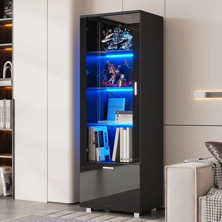 Schwarze Hochglanzvitrinen mit Acryltür, LED-beleuchtete Acryl-Vitrine, Vitrinen für Sammlerstücke, Parfümschränke, Bücherregale und Acryl-Vitrine mit schwarzen Hochglanztüren (3 Fachböden)--Schwarz--40x50x160cm--YOUDENOVA – Bild 7