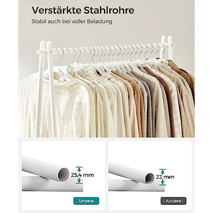 SONGMICS Kleiderständer, Garderobe, Garderobenständer, Kleiderablage, Stahlrahmen, mit Stange und Regal, 33,5 x 92,5 x 153 cm, für Schlafzimmer, Garderobe, Waschküche, Weiß HSR023W01 – Bild 4