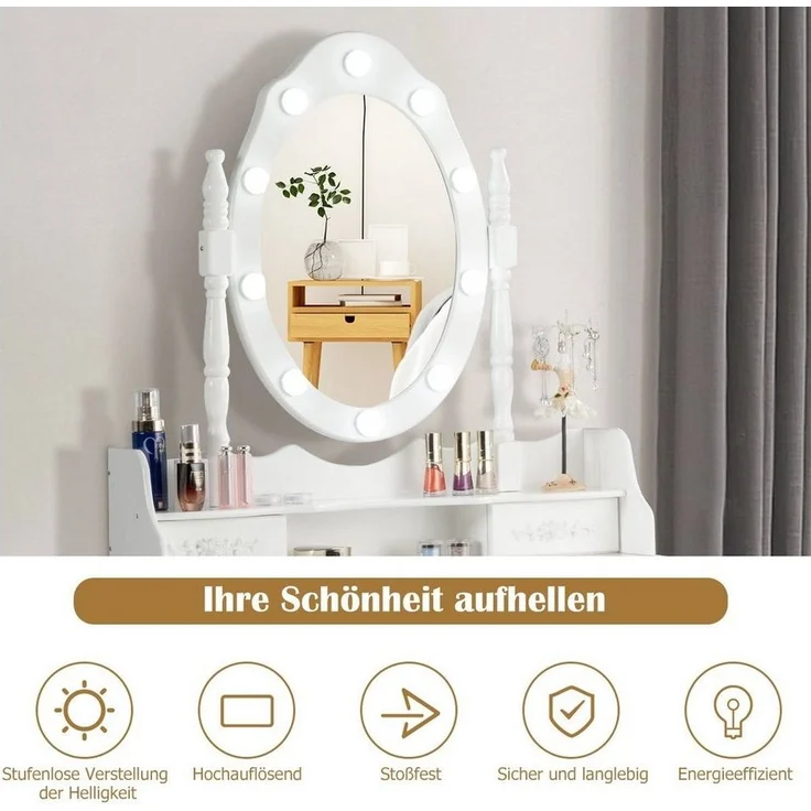 COSTWAY Schminktisch mit Hocker, 360° drehbarem Spiegel und 10 dimmbaren LED-Birnen, Frisiertisch aus Tisch und Abnehmbarer Oberteil, Kosmetiktisch mit 4 Schubladen, 75 x 40 x 146 cm (Weiß) – Bild 2