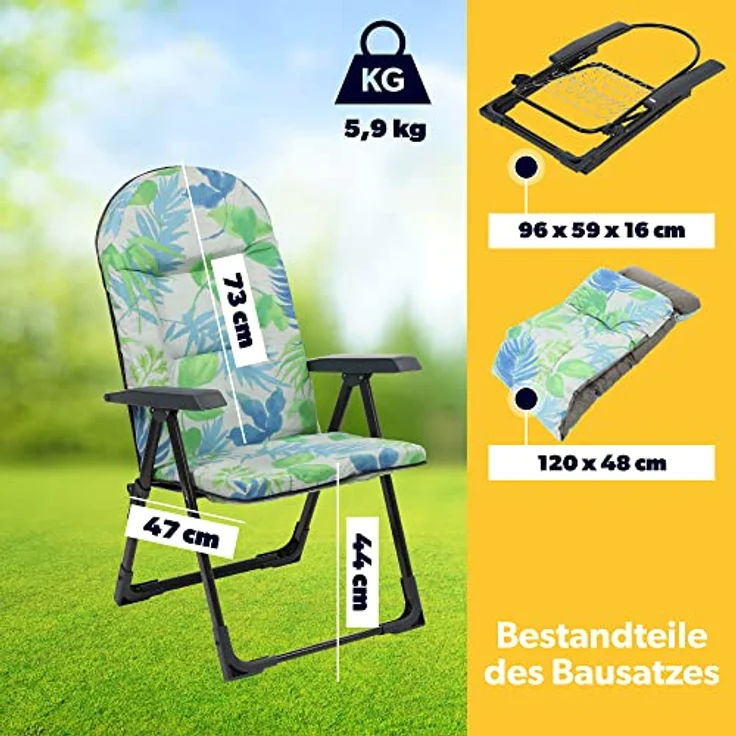 Kadax Gartenliegestuhl, Metall, mit verstellbarer Lehne, in Grün, Blau und Grau, 59x116 cm, ideal für Garten und Terrasse – Bild 4