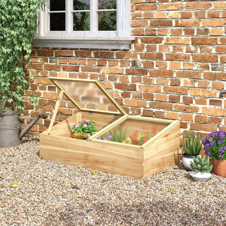 Wohnora-Mini-Gewächshaus für Setzlinge, Maße: 100 x 50 x 36 cm (L x B x H), Satteldach mit separaten Öffnungen, Polycarbonatplatten, vorgeöltes Tannenholz,H 360cm x T 1060cm x B 500cm,Naturholz – Bild 2