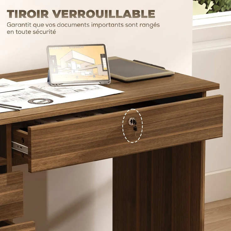Schreibtisch mit 5 Schubladen, 110 x 50 cm, Schreibtisch mit Stauraum, offenes Regal, abschließbare Schublade, Nussbaum – Bild 7