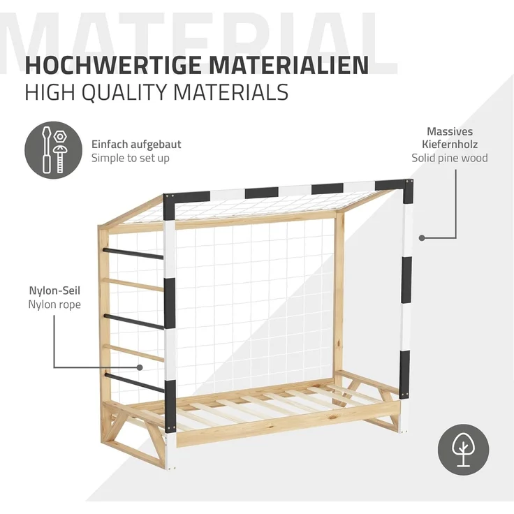 ML-DESIGN Spielbett Kinderbett Fußballtor Holzbett mit Lattenrost Kletterleiter & Netz, Handballtor Abenteuerbett 80x160cm Natur für Kinder aus Kiefernholz – Bild 5