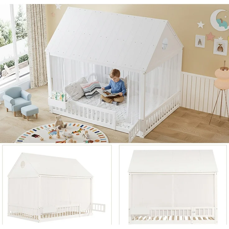 Hausbett mit Lattenrost, Bettvorhang, Zaun, Dach, Tür und Aufbewahrungsbox, 140x200 cm, Kinderbett mit Rausfallschutz, Massivholzbett, Kiefer – Bild 5