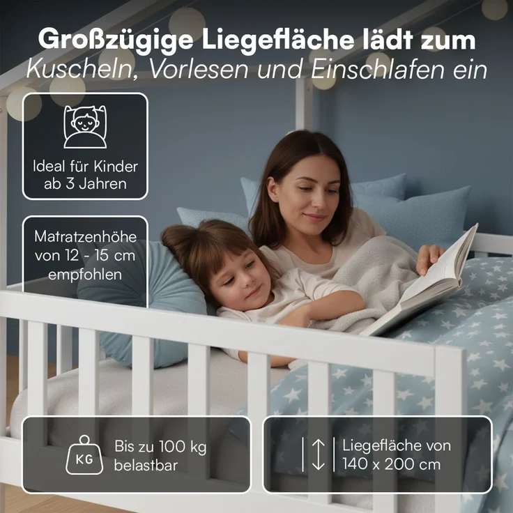 Bellabino 'Bia' Hausbett 140x200 cm, weiß, Kiefer Massivholz, Montessori Kinderbett mit Rausfallschutz und Lattenrost – Bild 4