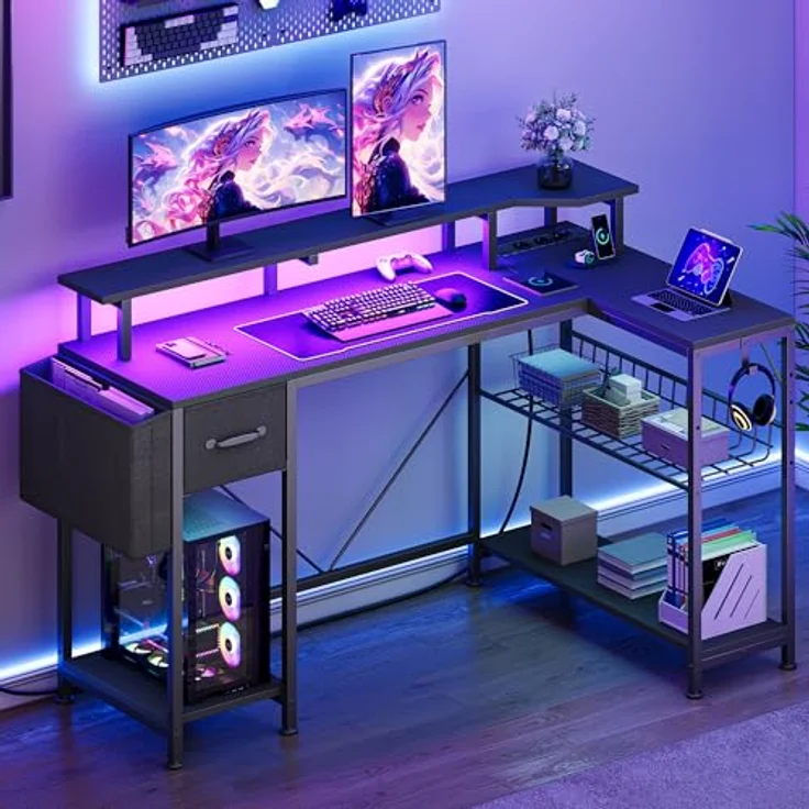 YITAHOME Gaming Tisch mit Steckdosen & LED-Lichter, L Form Computer Schreibtisch mit Monitorständer, Eckschreibtisch mit Schubladen & Regalen, Computertisch für Home Office, 120 x 50 x 92 cm, Schwarz – Bild 2