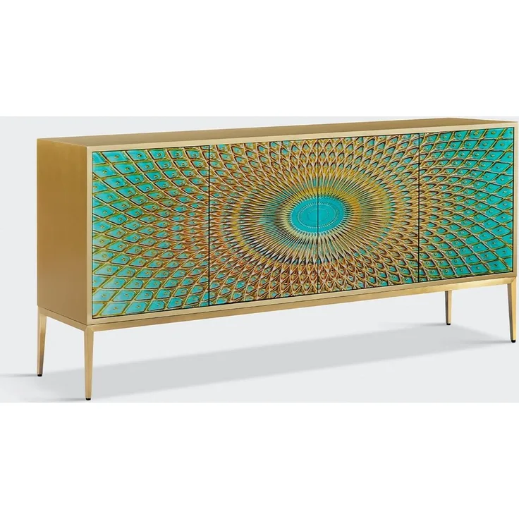 KAWOLA Kommode LAGO, 4 Türen Glas grün/gold 180/85/40 (B/H/T)