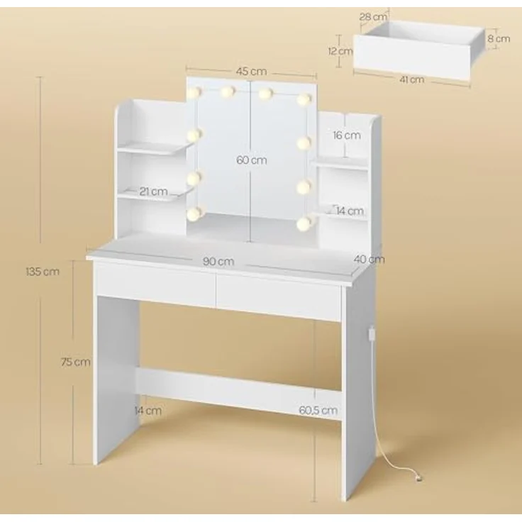 WOLTU Schminktisch Hollywood mit LED-Beleuchtung, Spiegel, 2 Schubladen und 4 offene Ablagen, Holz weiß, 90 x 135 x 40 cm – Bild 4