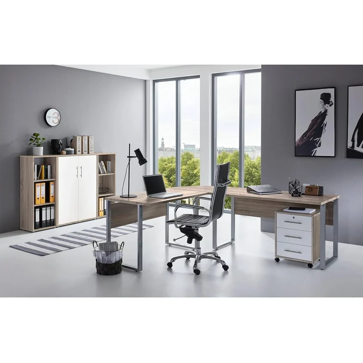 BMG Möbel Büromöbel-Set Office Edition Set 2, (Büro Set, 5 tlg, Fronten Matt oder Hochglanz lackiert), Aktenschrank und Rollcontainer abschließbar, Winkelschreibtisch