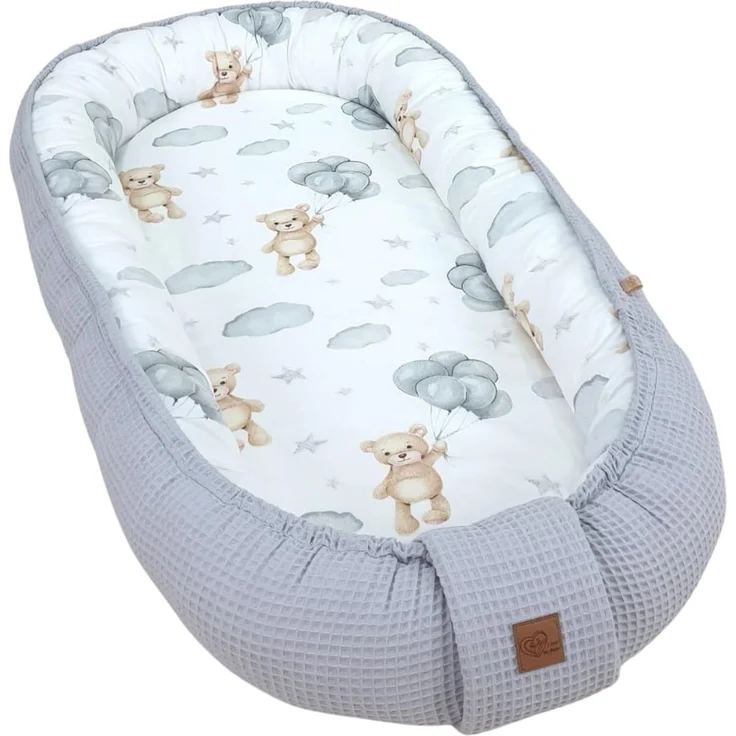 WIKLINOPOL Babynest Nestchen für Neugeborene aus Baumwolle und Waffelbaumwolle – Baby Nestchen 80x46 cm, Tragbares Nest mit Herausnehmbarer Matratze, Grau