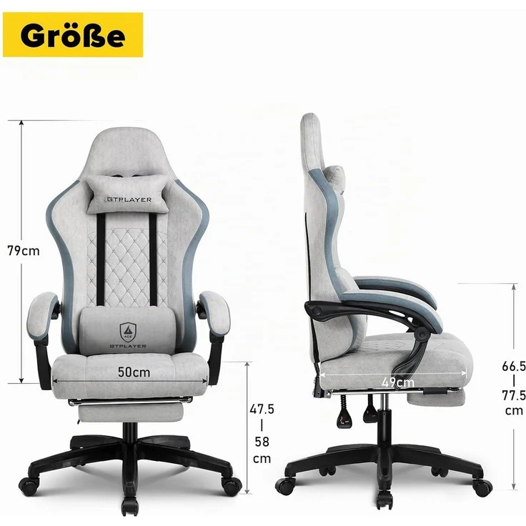 GTPLAYER Gaming Stuhl Ergonomischer Gaming Sessel Schreibtischstuhl mit Stoffoberfläche, Federsitzkissen, Verbindungsarmlehnen und Fußstütze grau – Bild 3