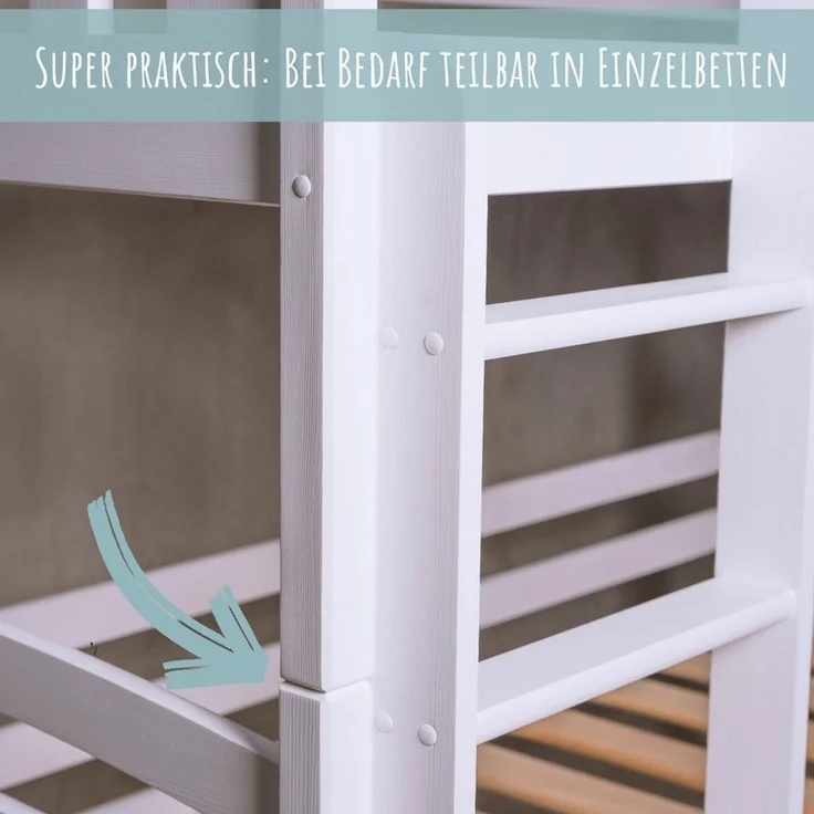 Kids Collective Etagenbett Hochbett 90x200 Etagenbett mit Rausfallschutz und Lattenrost, umbaubar in zwei Kinderbetten, aus Vollholz, in weiss, Funktionsbett – Bild 2