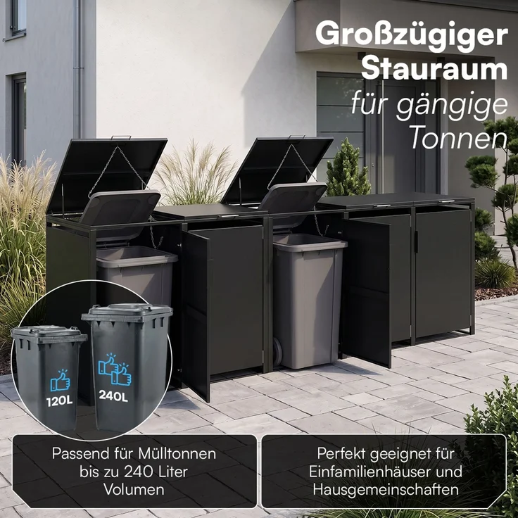 STEELSØN 'Thoria' Mülltonnenbox 5er je 240 Liter, graphitschwarz, Mülltonnenverkleidung aus Stahl, wetterfest, 116x80x332 cm, Müllbox für 5 Tonnen – Bild 2