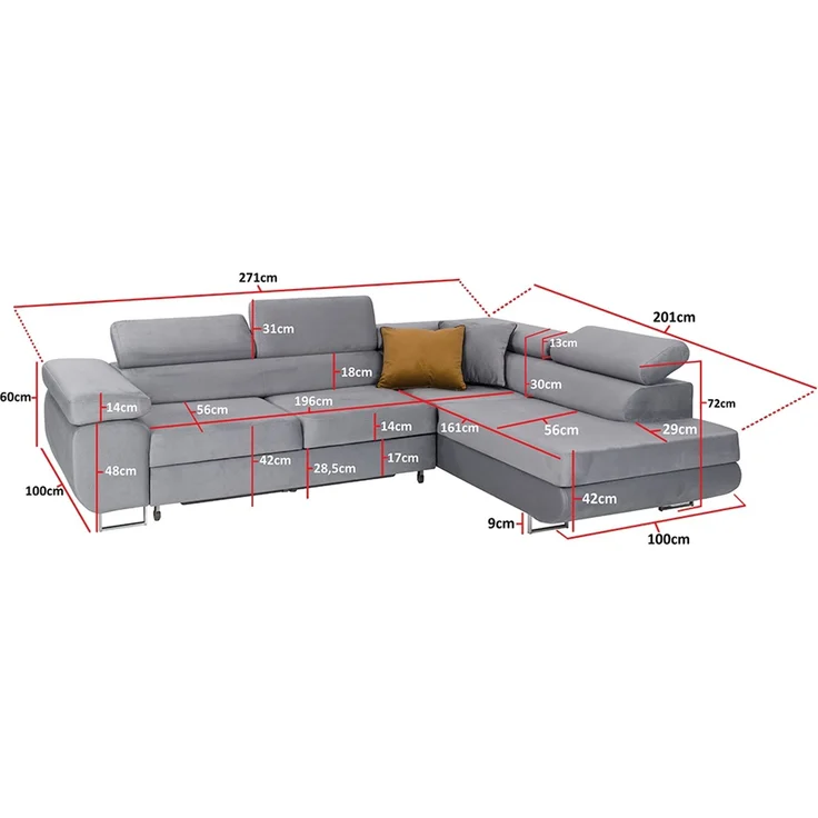 Ecksofa in L-Form Mediolan, L-förmige Eckcouch mit Schlaffunktion, ausziehbares Sofa, 1 Bettzeugbehälter, verstellbare Kopfstützen, (Monolith 69), 72x201 cm – Bild 5