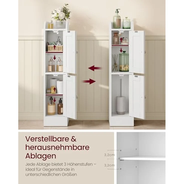 VASAGLE Siren Kollektion - Badezimmerschrank schmal, Badschrank, Eckschrank, verstellbare Ablagen, Hochschrank Bad, Türen nach Links oder rechts öffnend, Landhausstil, wolkenweiß BBK312WB02 – Bild 6
