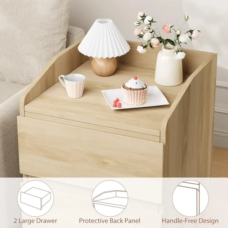 GarveeHome Nachttisch Mit 2 Schubladen, Moderner Beistelltisch, Nachttisch Aus Hellem Holz, Griffloses Design, Aufbewahrungsmöbel Für Das Schlafzimmer Und Das Wohnzimmer – Bild 5
