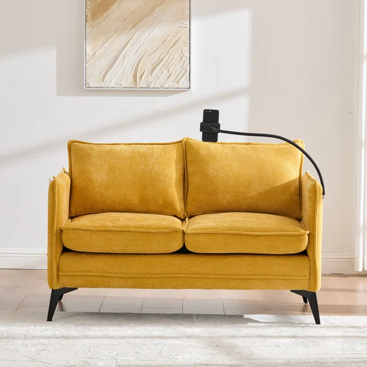 LVHOM 2-Sitzer Sofa mit Handyhalter und USB, Doppelsofa mit Seitentaschen, Polstersofa Zweisitzer mit Chenille Bezug, Gelb – Bild 7