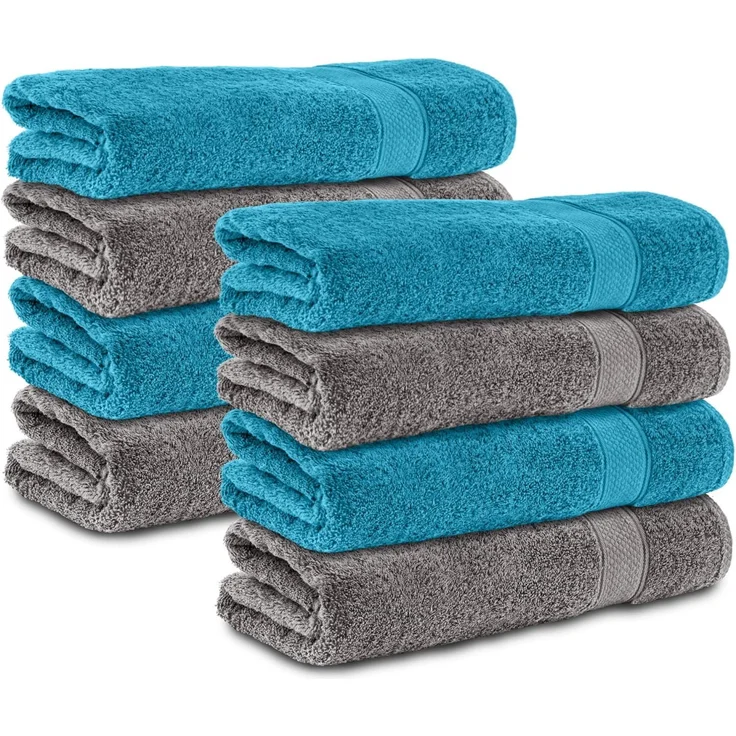 Komfortec 8er Handtücher 50x100 cm Set aus 100% Baumwolle, Frottee, Weich, Anthrazit Grau/Türkis