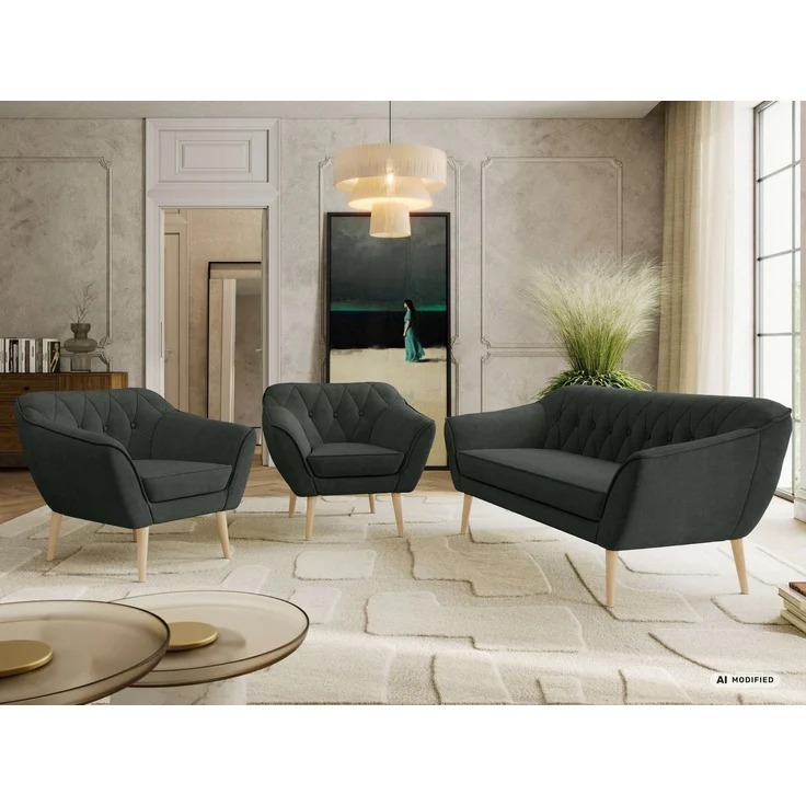 Wohnzimmerset PIRS 1-1-3, Skandinavisches 3-Sitzer Sofa mit Sesseln, Sofa mit Wellenfederung, Buche Füße, Skandinavisches Möbelset - Dunkelgrau Stukture – Bild 4