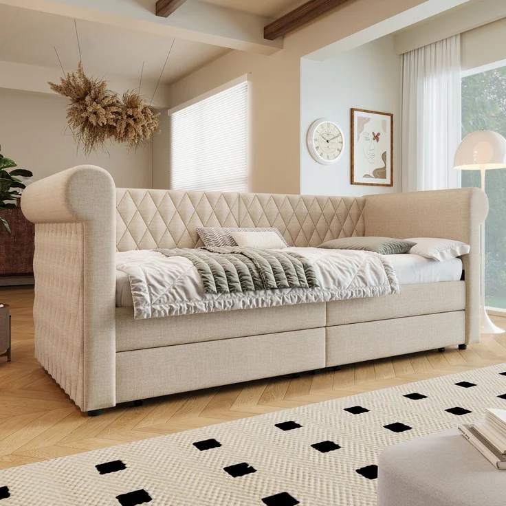 Schlafsofa aus Leinen mit 2 Schubladen & Lattenrost, 90x200 cm, Beige, ohne Matratze – Bild 1