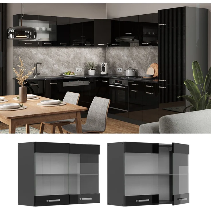 Küchenglasschrank R-Line Schwarz Hochglanz 80 cm Vicco – Bild 2