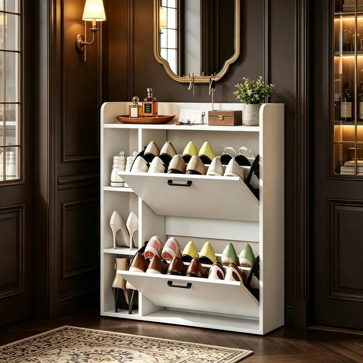 ZUBALIYA Schuhschrank (83 x 24 x 90,5 cm), 2 Schubladen, Verstellbare Einlegeböden, Stauraum für Flur und Eingangsbereich, Weiß – Bild 2