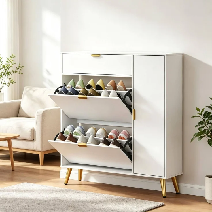 DESVIAE Garderobenschrank Schuhschrank Weiß aus MDF/Spanplatte – 99,4x106,6x23,8 cm – 2 Kippschubladen – Bild 3