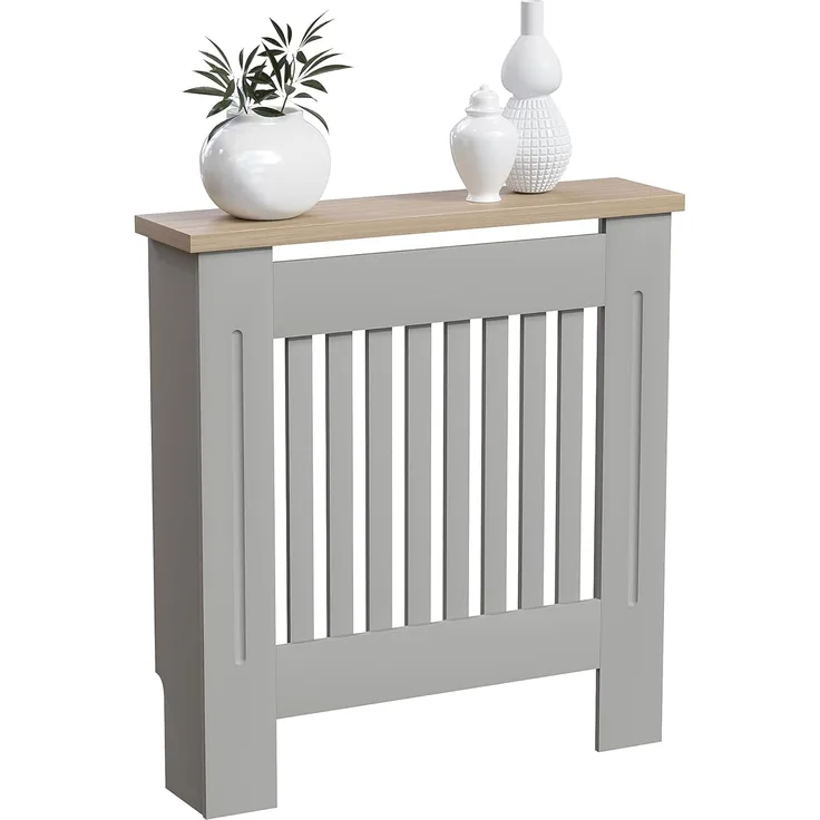 Vida Designs Arlington Heizkörper-Abdeckung, moderner, grau-lackierter Schrank aus mitteldichter Faserplatte, Lamellen, Rillen, obere Regalplatte aus Holz, klein