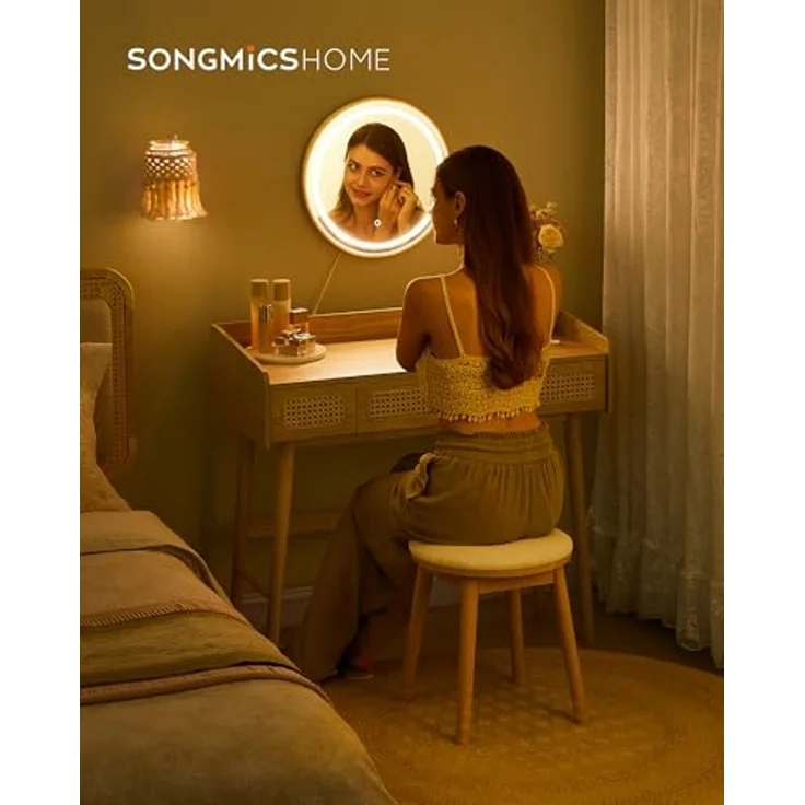 SONGMICS HOME BOHOVEN Kollektion - Schminkhocker, Schminktisch-Hocker gepolstert, Massivholzbeine, Sitzhocker rund, Fußhocker, rutschfeste Fußpads, Boho-Stil, Schlafzimmer, cremeweiß-eichenbeige – Bild 3