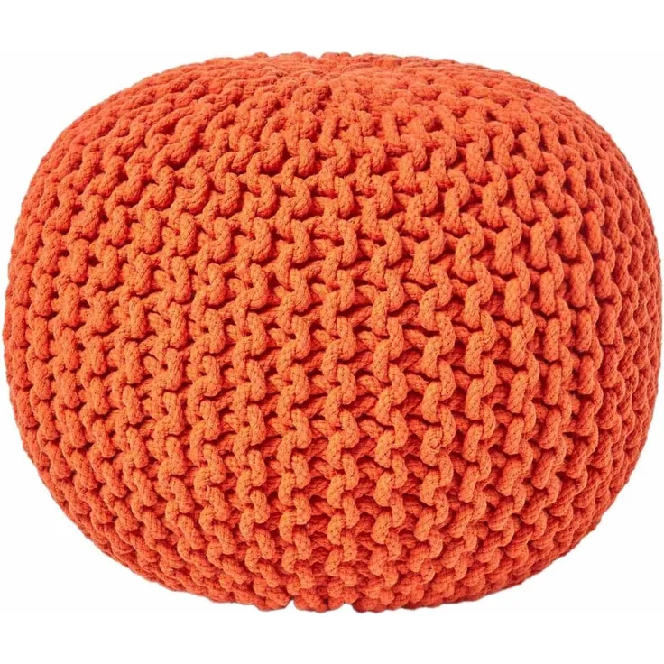Homescapes Pouf Strickpouf rundes Bodenkissen, Sitzpouf 35x40 cm, gepolsterter Sitzhocker, Sitzpuff/Puff mit grob gestricktem Bezug aus 100% Baumwolle, Strickpuff, orange