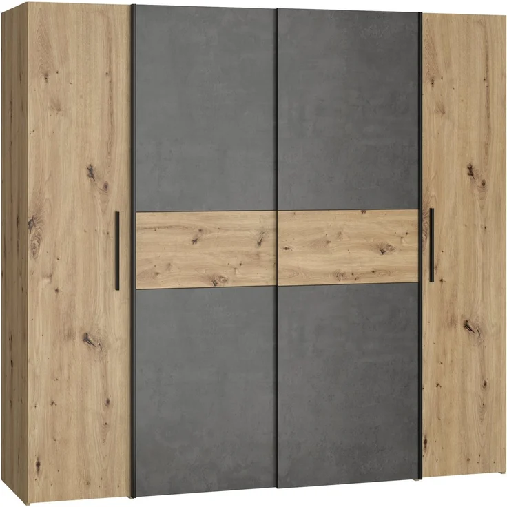 Forte KALIXTUS Kleiderschrank 200, moderner Dreh-/Schwebetürenschrank, 4-türig, geräumig, Holzwerkstoff, Artisan Eiche Holzdekor/Betonoptik Grau, 200,1 cm breit x 190,5 cm hoch x 61,2 cm tief – Bild 5