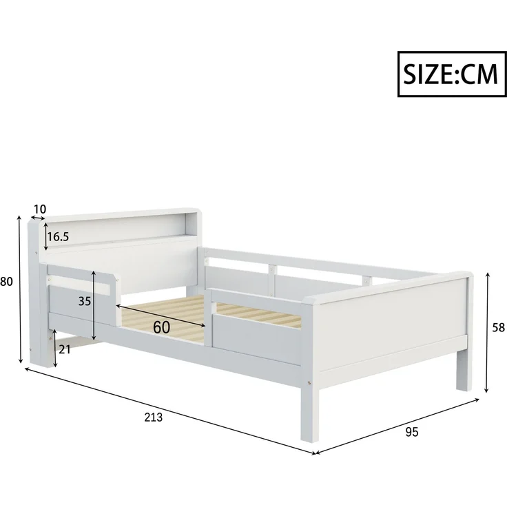 EINHOM Holzbett 90 x 200 cm, USB- und Tape-C-Kombi-Steckdose, Kleine LED-Leuchte, Kopfteil mit Ablagefunktion, Kinderbett, Einzelbett, Multifunktionsbett, Kiefernholz, Weiß, (Ohne Matratze) – Bild 2