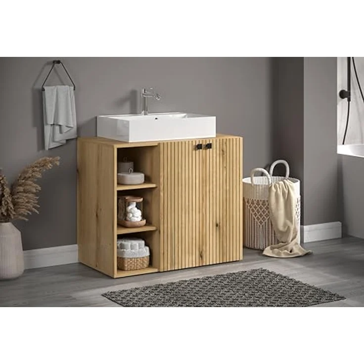 trendteam smart living - PureBliss - Hochschrank - Eiche - Breiter Badezimmerschrank mit Rillenoptik - (BxHxT) 70 x 186 x 31 cm - Badschrank mit edlen Metallgriffen - Praktisches offenes Fach – Bild 3