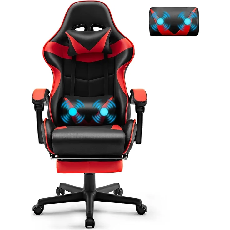 Soontrans Gaming Stuhl Massage, Gaming Sessel mit Fußstütze & Kopfstütze & Massage-Lendenkissen, Gepolsterte Armlehnen, Ergonomisch Gaming Stuhl für Gamer YouTube Livestreaming Xbox (Rot)