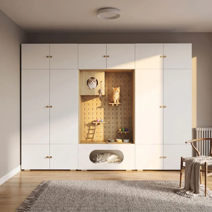 Kleiderschrank, Garderoben-Set Garderobe, Haustierschrank, 270 x 50 x 200 cm, mit 1 Kleiderstange und Katzenkletterwand, für Schlafzimmer, Wohnzimmer und Flur, Weiß+Holzoptik--Weiß, Holz--270x50x200cm--YOUDENOVA – Bild 2
