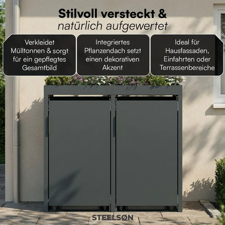 STEELSØN 'Thoria' Mülltonnenbox 2er je 120 Liter, anthrazit, Mülltonnenverkleidung aus Stahl, wetterfest, 111x62x117 cm, Müllbox mit Pflanzendach für 2 Tonnen – Bild 7