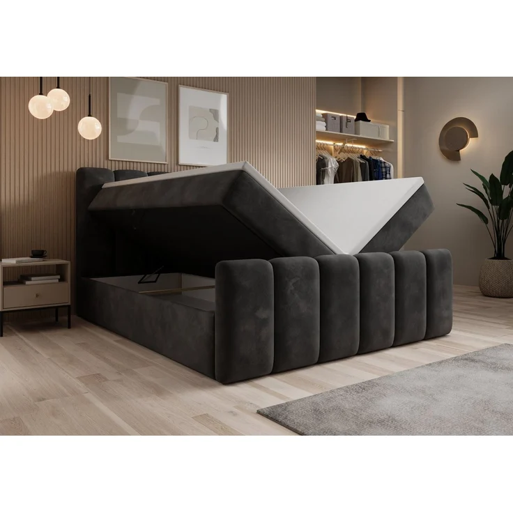 thematys Boxbett mit Bettkasten 160x200cm, mit Bonnellfederkernmatratze H3, Bouclé/Velours, mit Stauraum, mit 3 cm Topper, Grafit (Velluto 19), Art.-Nr. S0ZH40NOTIM – Bild 4