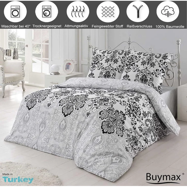 Buymax Bettwäsche Wendebettwäsche, Bettbezug-Set, Renforcé 100% Baumwolle, 3 teilig, 200x200 cm, elegant, mit Reißverschluss, Barock, Weiß, Grau – Bild 2