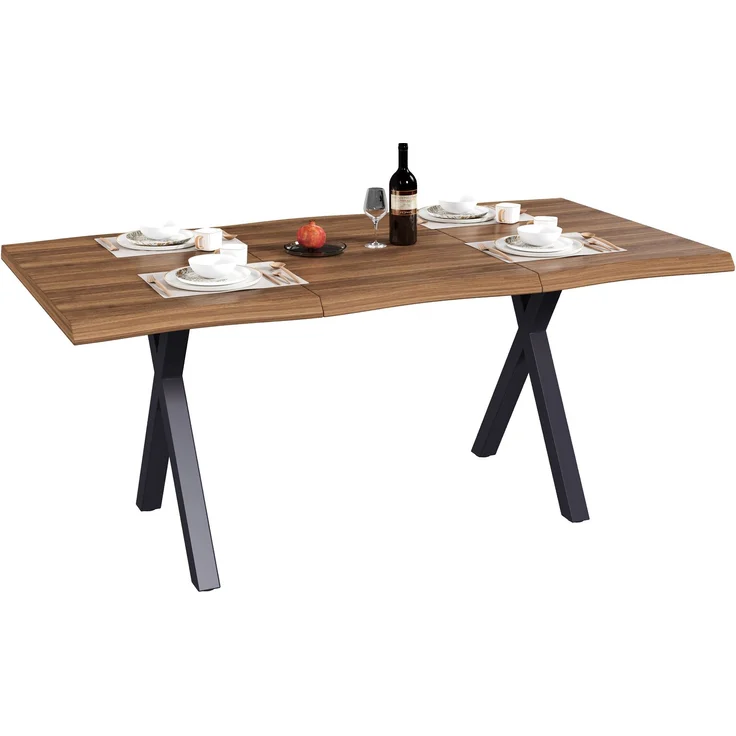 Merax Esstisch 160*78*75cm, geeignet für 4-6 Personen, Wellenförmiges Tischplattendesign, verdickte Tischplatte, X-förmige Eisenbeine, Walnussholzfarbe – Bild 10