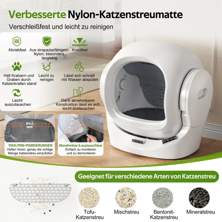 Intelligente automatische Katzentoilette mit App-Steuerung, 68L Großraum, 8L Abfallbehälter, Aromabox, Infrarot-Sicherheit, für 1–2 Katzen, selbstreinigend, leise, kindersicher--Weiß--53x45.5x56.5cm--YOUDENOVA – Bild 9