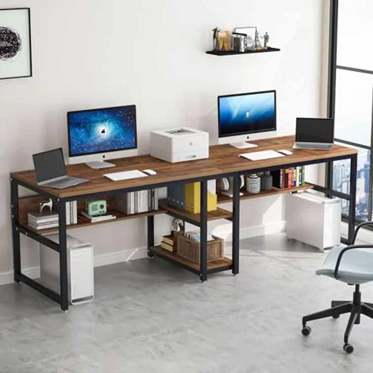 LITTLE TREE Schreibtisch Computertisch 240 x 75 x 60 cm, großer Schreibtisch aus Industriell Holz und Metall als Bürotisch Arbeitstisch für 2 Personen, ideal für Homeoffice Gaming, Braun – Bild 2