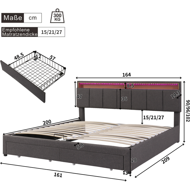 Polsterbett mit LED-Beleuchtung,Hydraulisch Stauraumbett mit Bettkasten,Schubladen und Staufächer,Verstaubares Kopfteil aus Schaum,Doppelbett aus Stahlrahmen,Leinen,160*200cm,grau – Bild 9