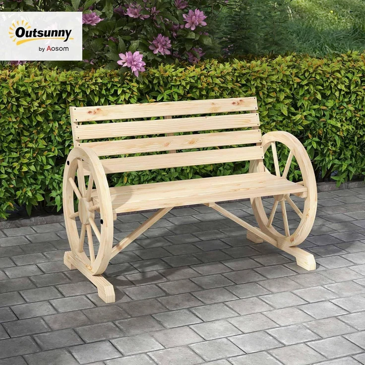 Outsunny Gartenbank 2-Sitzer Sitzbank Holzbank Wagenrad mit Armlehne Landhausstil Tannenholz Naturholz 105,5 x 56 x 79 cm – Bild 2