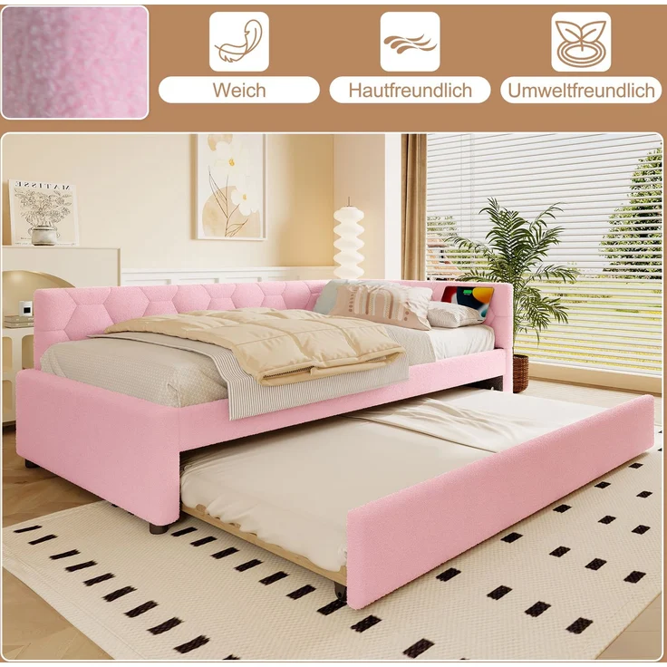 Daybett, 90*200cm Tagesbett, Schlafsofa, Bett mit Lattenrost (ohne Matratze), mit Nachttischlampe, mit multifunktionalem Ausziehbett, USB-Anschluss, Typ-C, Komfortmaterial, Boucle, Rosa – Bild 3