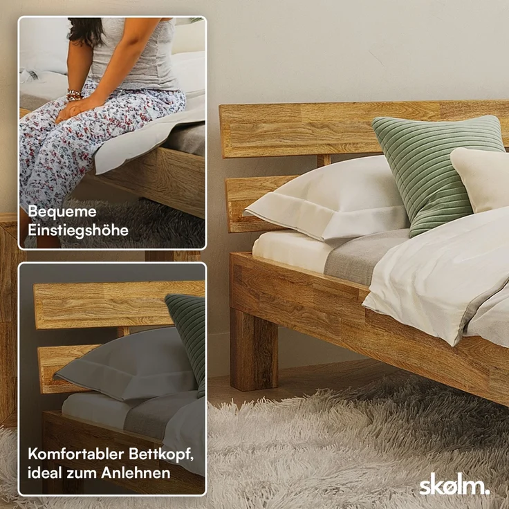 skølm 'Floki' Bett 160x200 cm, Bettgestell, natur geölt, Massivholzbett aus Eiche, Doppelbett mit Bettkopf – Bild 3
