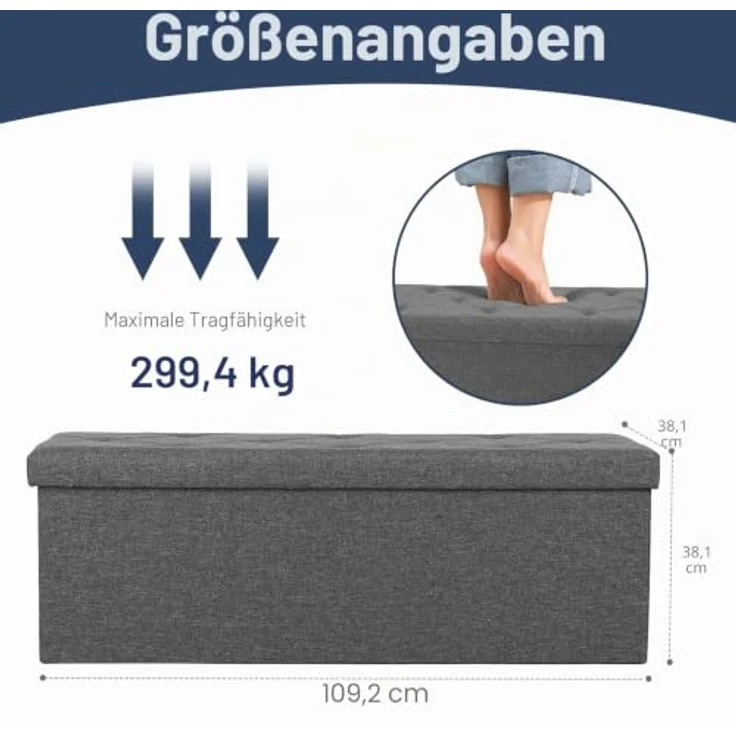 DUMOS 109cm Aufbewahrungs-Hockerbank, Aufbewahrungsbox, Bettfußbank mit gepolstertem Sitz, Schlafzimmerbank für Wohnzimmer, Tragkraft 300kg, Grau – Bild 3